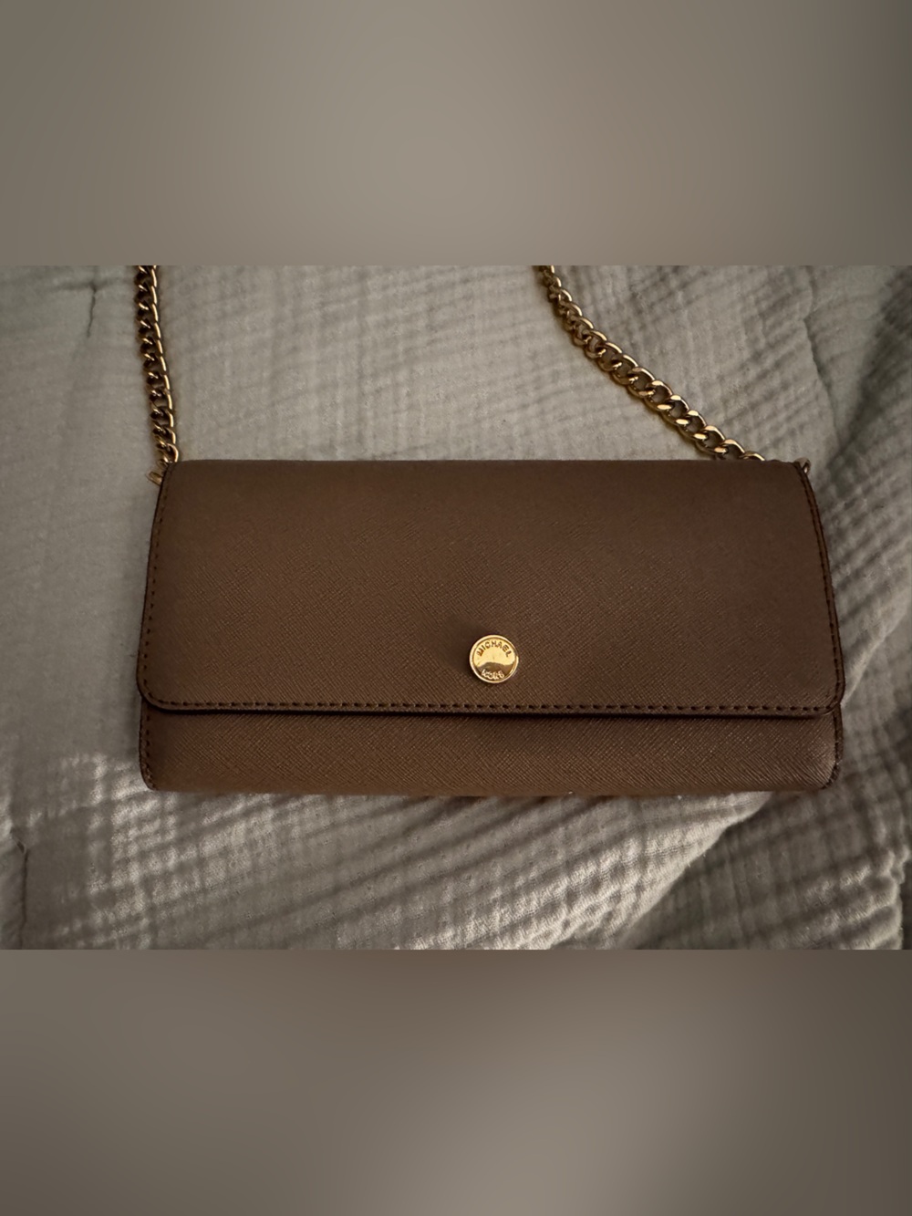 Michael Kors Taupe Saffiano Leather Crossbody Wallet Bag Gold Chain
